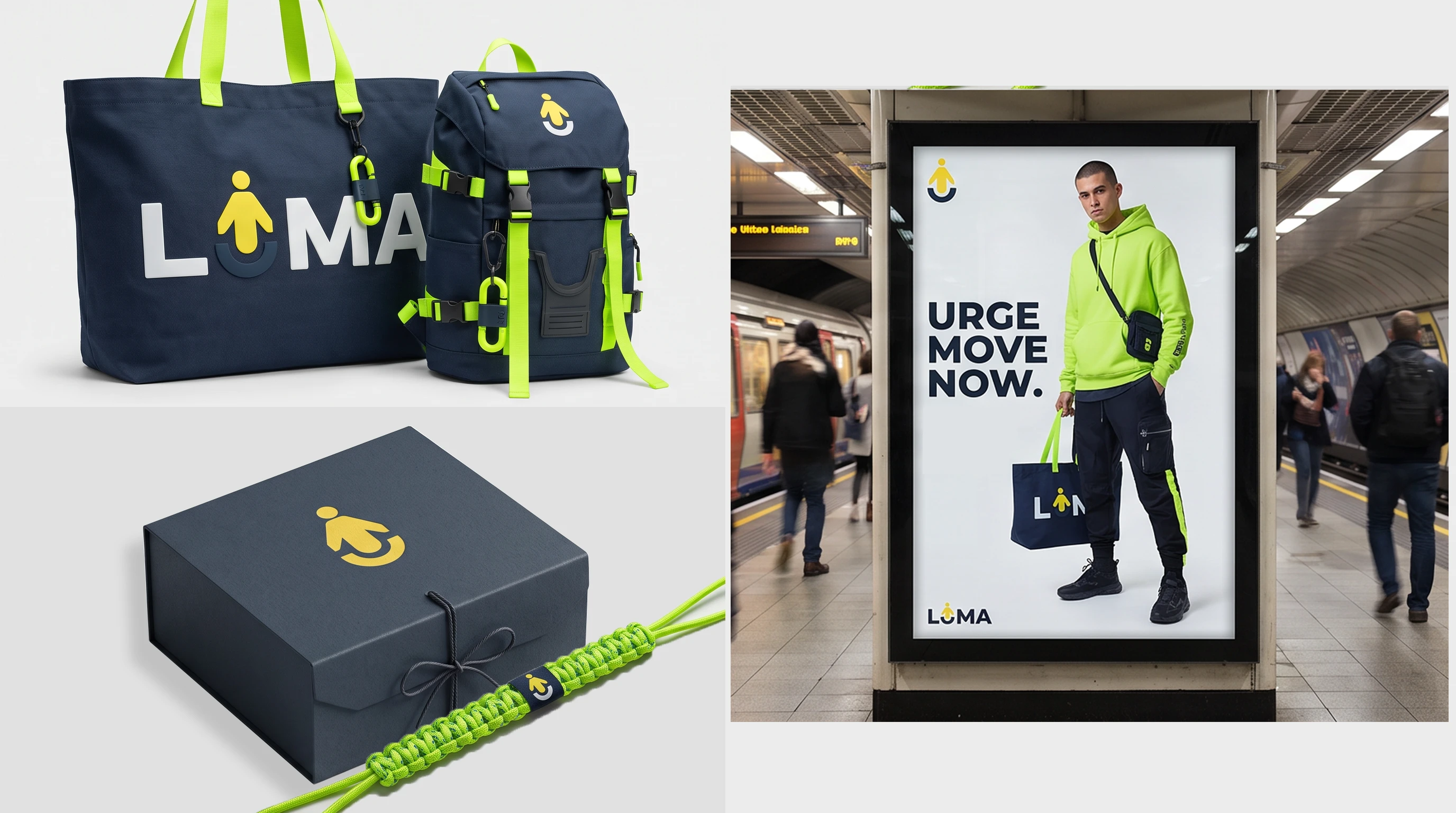 Visuell identitet for klesmerket LUMA: handlenett, ryggsekk, gaveeske og plakat på t-banestasjon